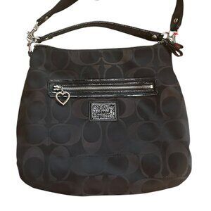 Coach Poppy Signature Convertible Hobo Bag Black Patent Trim Silver Hardware‎